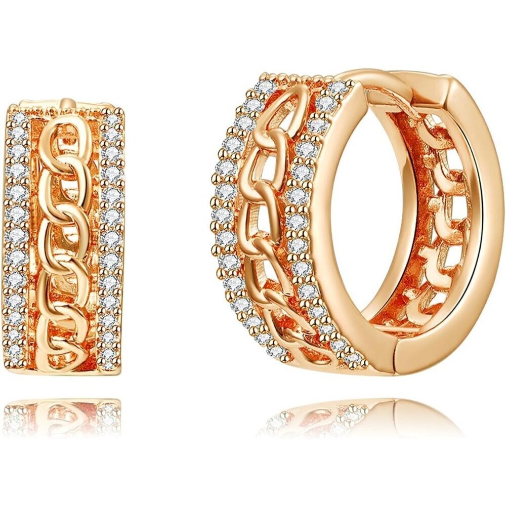 Women's 14K Gold Plated Cubic Zirconia Hoop Earrings Three Row Diamon